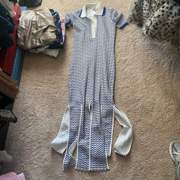 Remain- Blue and White Chevron Split Skirt Shortsleeve Button Down Midi Dress - Picture 4 of 4